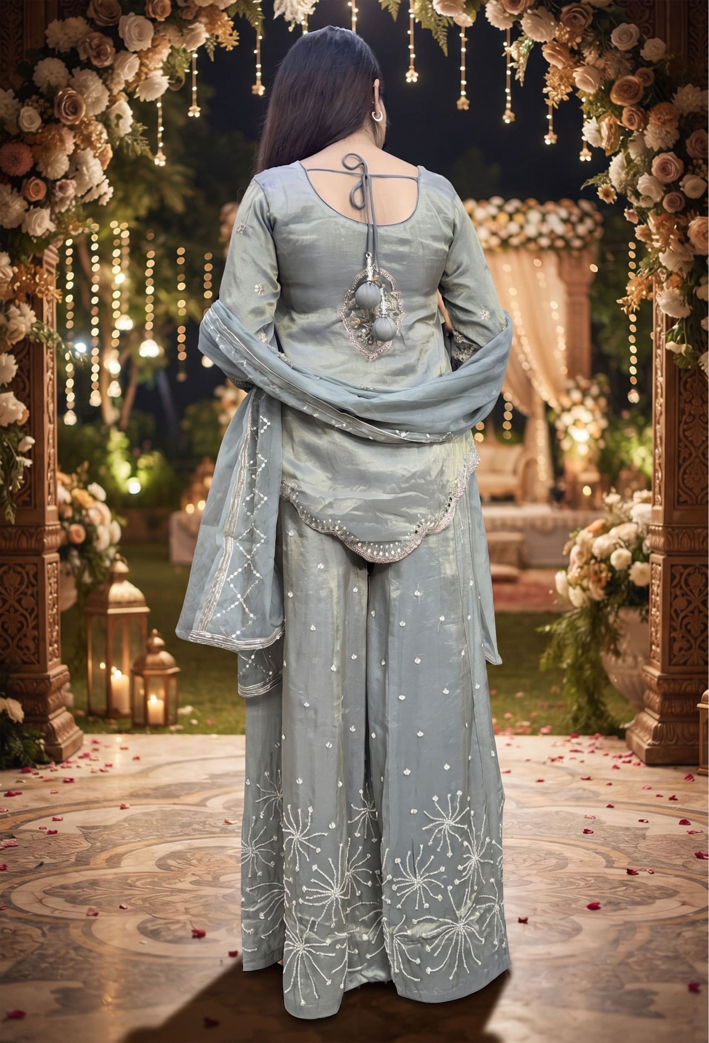 Elegant Hand Work Organza Silk Sharara Suit with Heavy Embroidered Dupatta