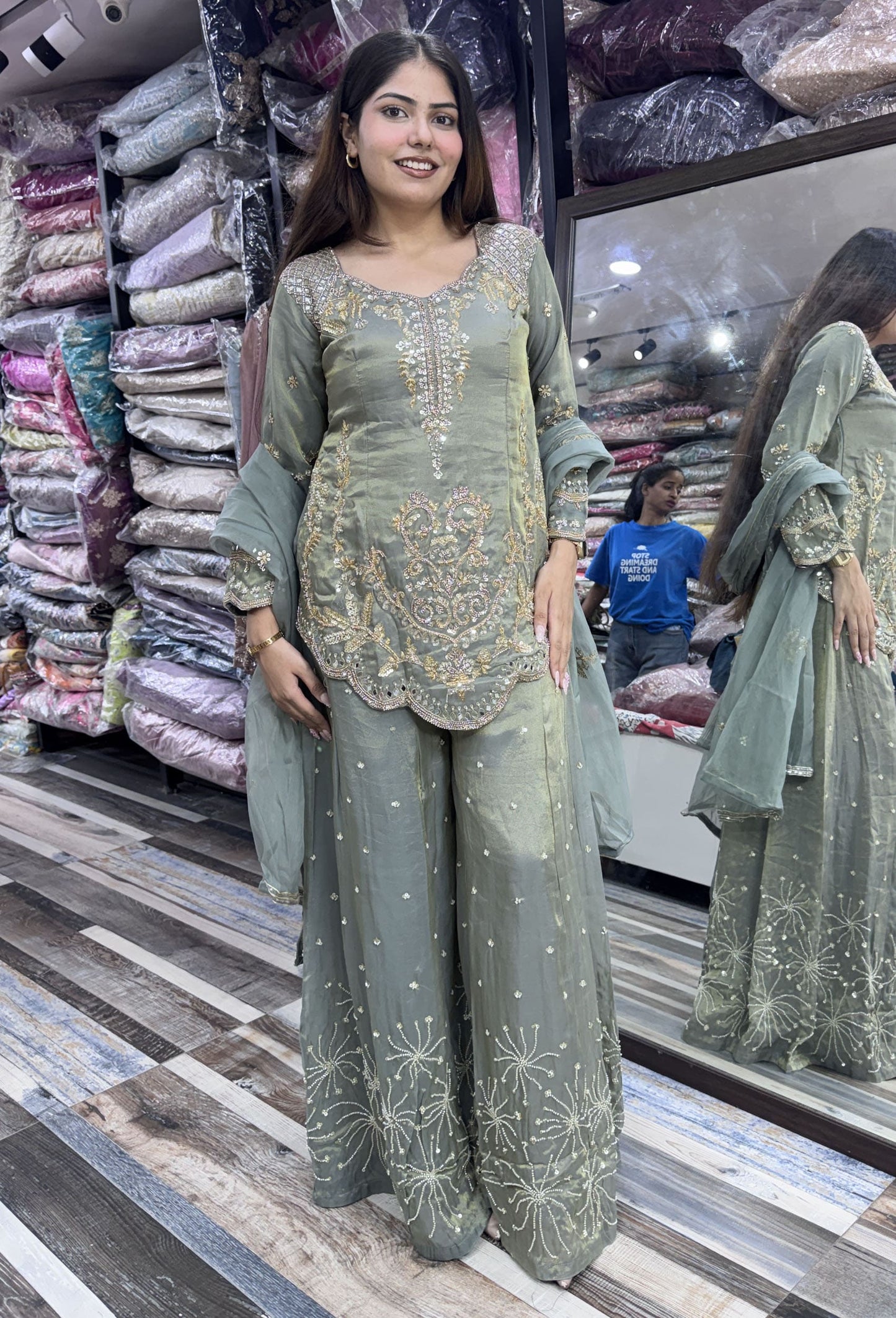 Elegant Hand Work Organza Silk Sharara Suit with Heavy Embroidered Dupatta