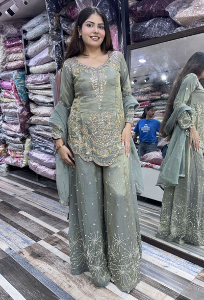 Elegant Hand Work Organza Silk Sharara Suit with Heavy Embroidered Dupatta