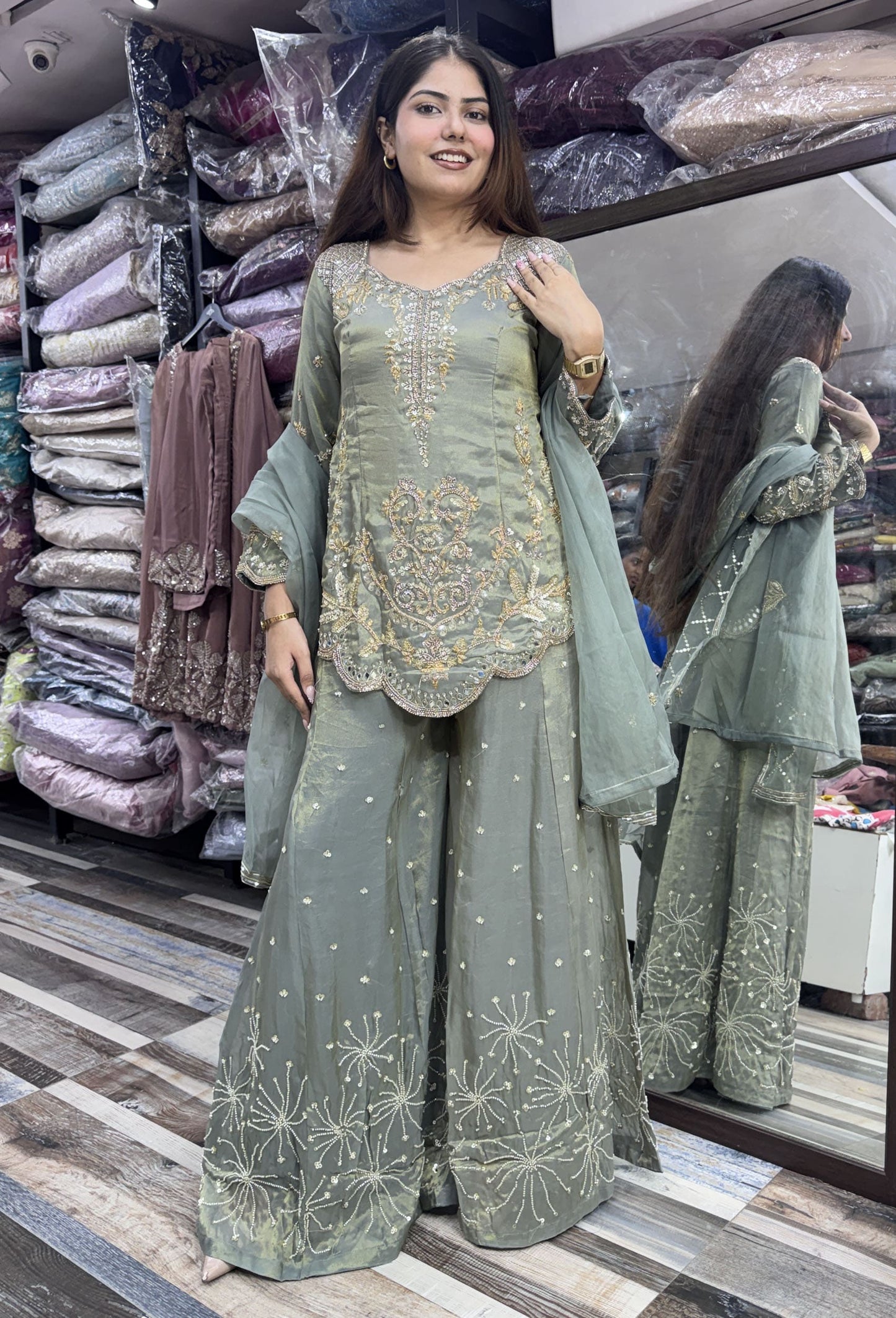 Elegant Hand Work Organza Silk Sharara Suit with Heavy Embroidered Dupatta