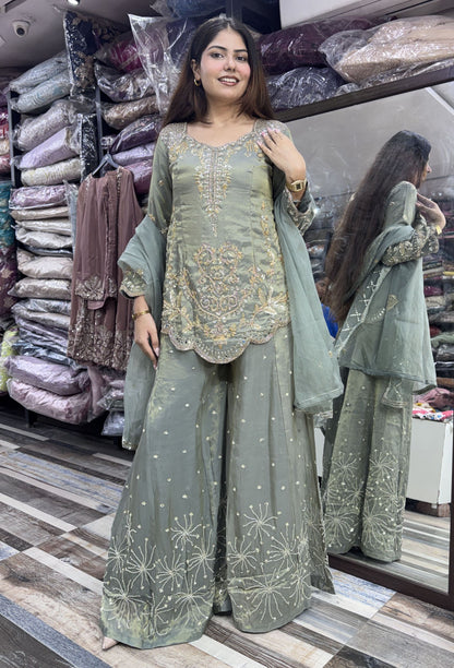 Elegant Hand Work Organza Silk Sharara Suit with Heavy Embroidered Dupatta