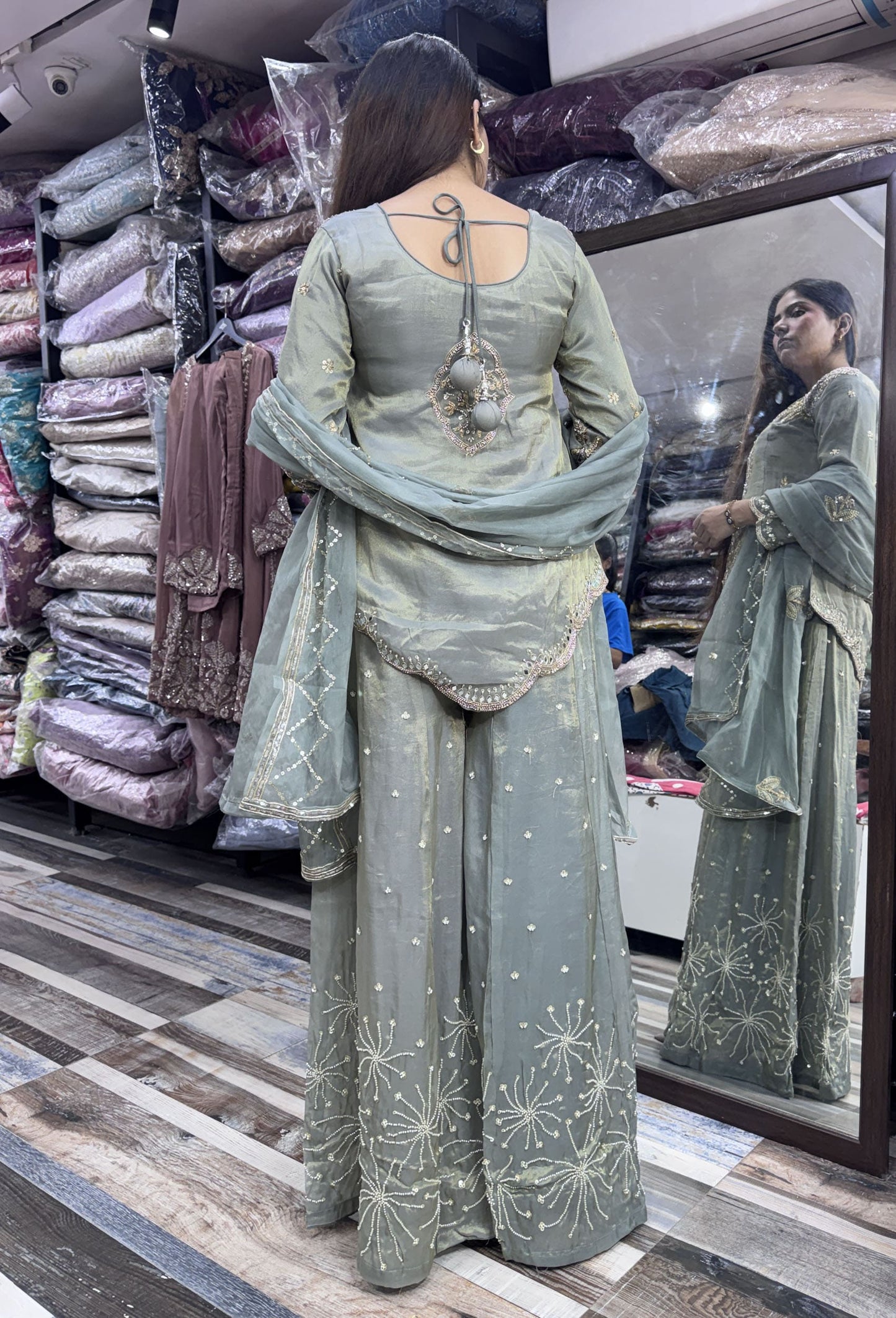 Elegant Hand Work Organza Silk Sharara Suit with Heavy Embroidered Dupatta