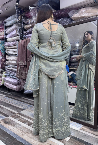 Elegant Hand Work Organza Silk Sharara Suit with Heavy Embroidered Dupatta