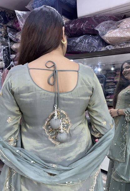 Elegant Hand Work Organza Silk Sharara Suit with Heavy Embroidered Dupatta