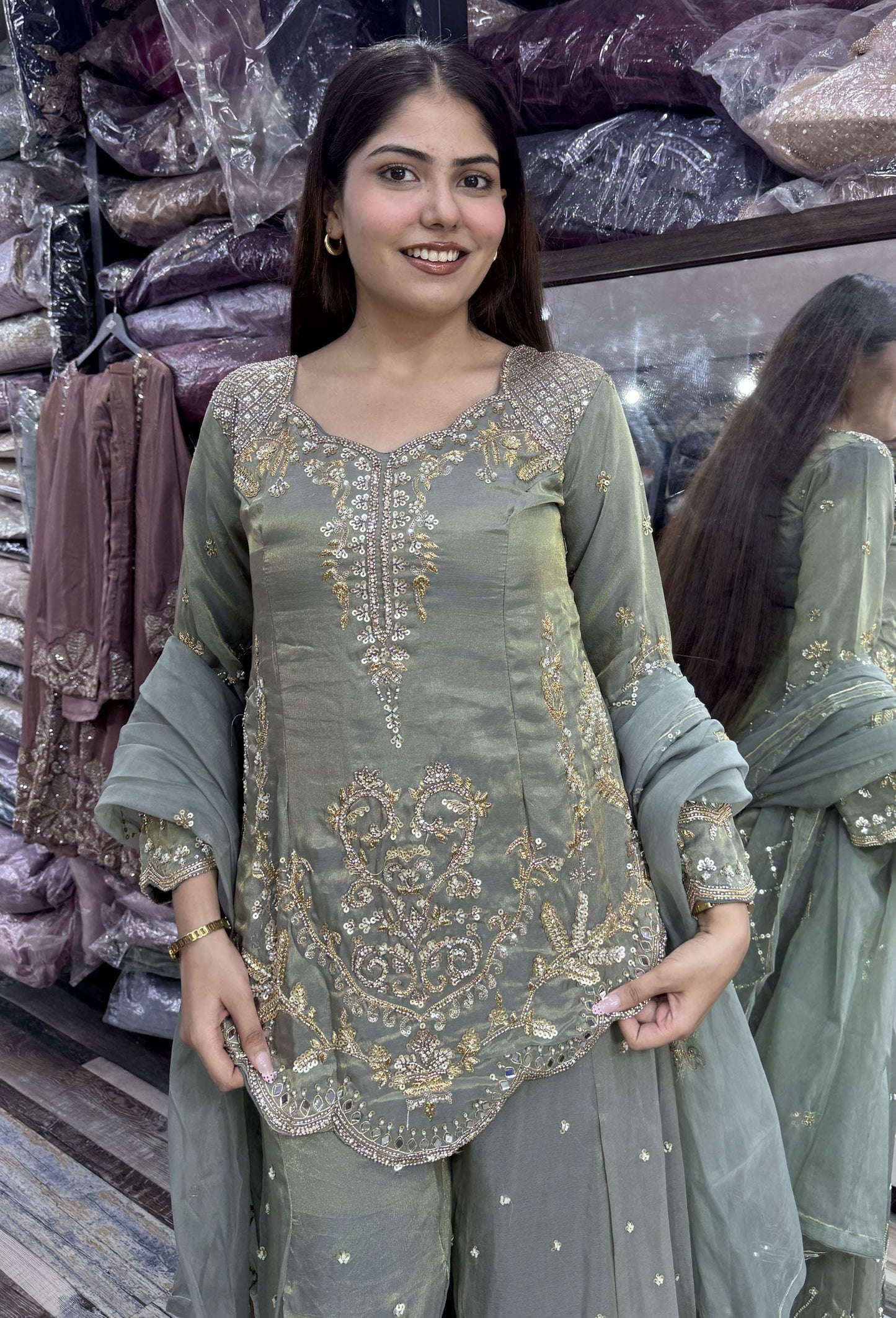 Elegant Hand Work Organza Silk Sharara Suit with Heavy Embroidered Dupatta