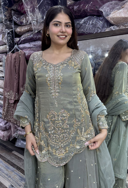 Elegant Hand Work Organza Silk Sharara Suit with Heavy Embroidered Dupatta