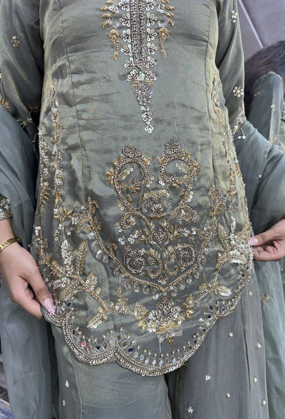 Elegant Hand Work Organza Silk Sharara Suit with Heavy Embroidered Dupatta
