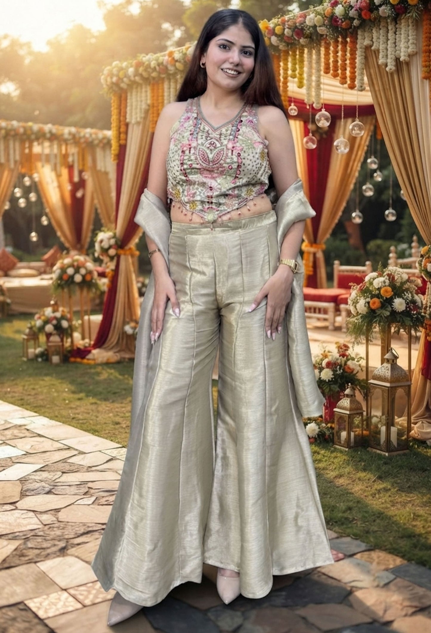 Embroidered Corset Crop Top Sharara with Tissue Silk Palazzo & Choker Dupatta