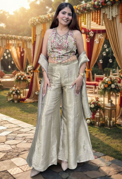 Embroidered Corset Crop Top Sharara with Tissue Silk Palazzo & Choker Dupatta