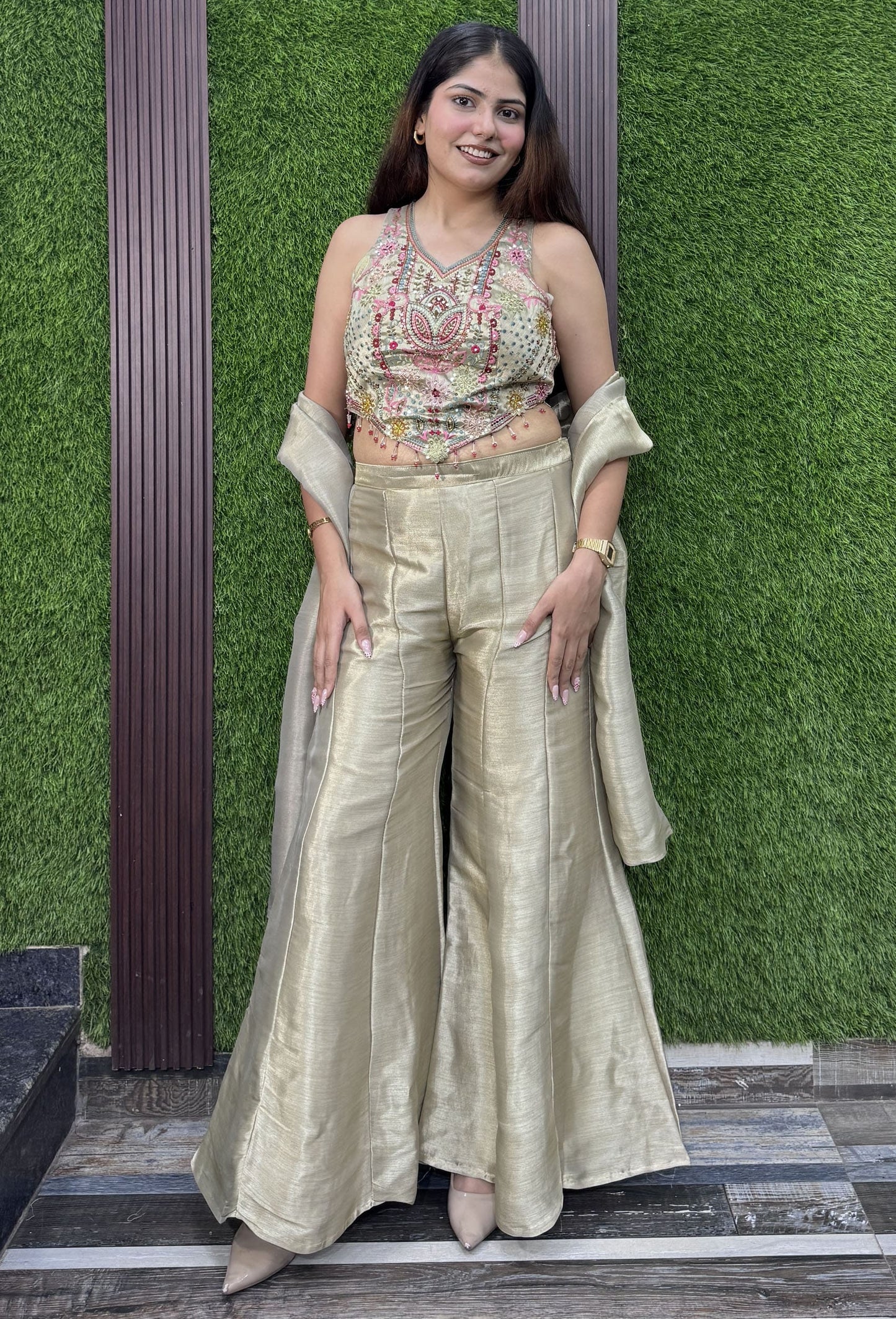 Embroidered Corset Crop Top Sharara with Tissue Silk Palazzo & Choker Dupatta