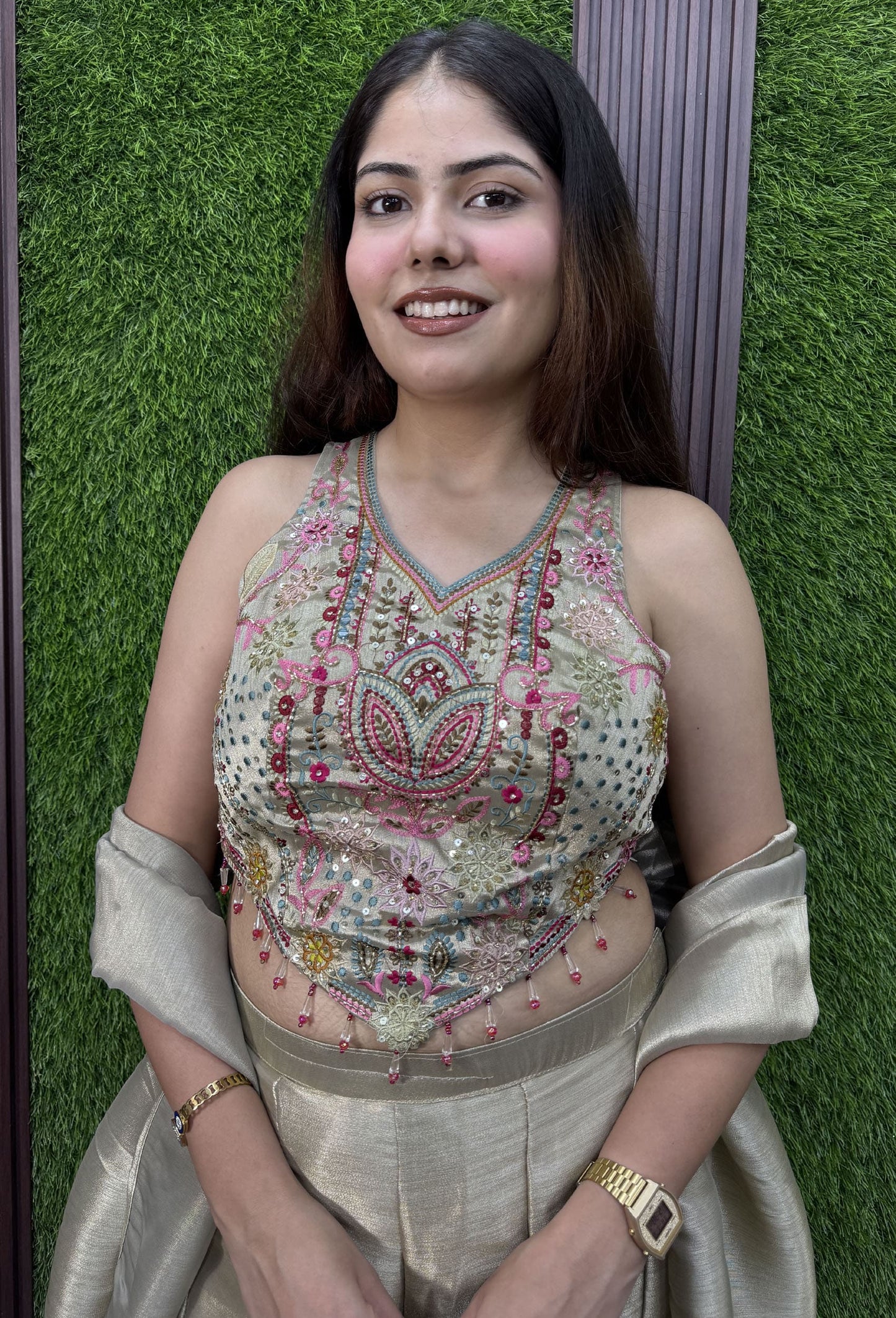 Embroidered Corset Crop Top Sharara with Tissue Silk Palazzo & Choker Dupatta