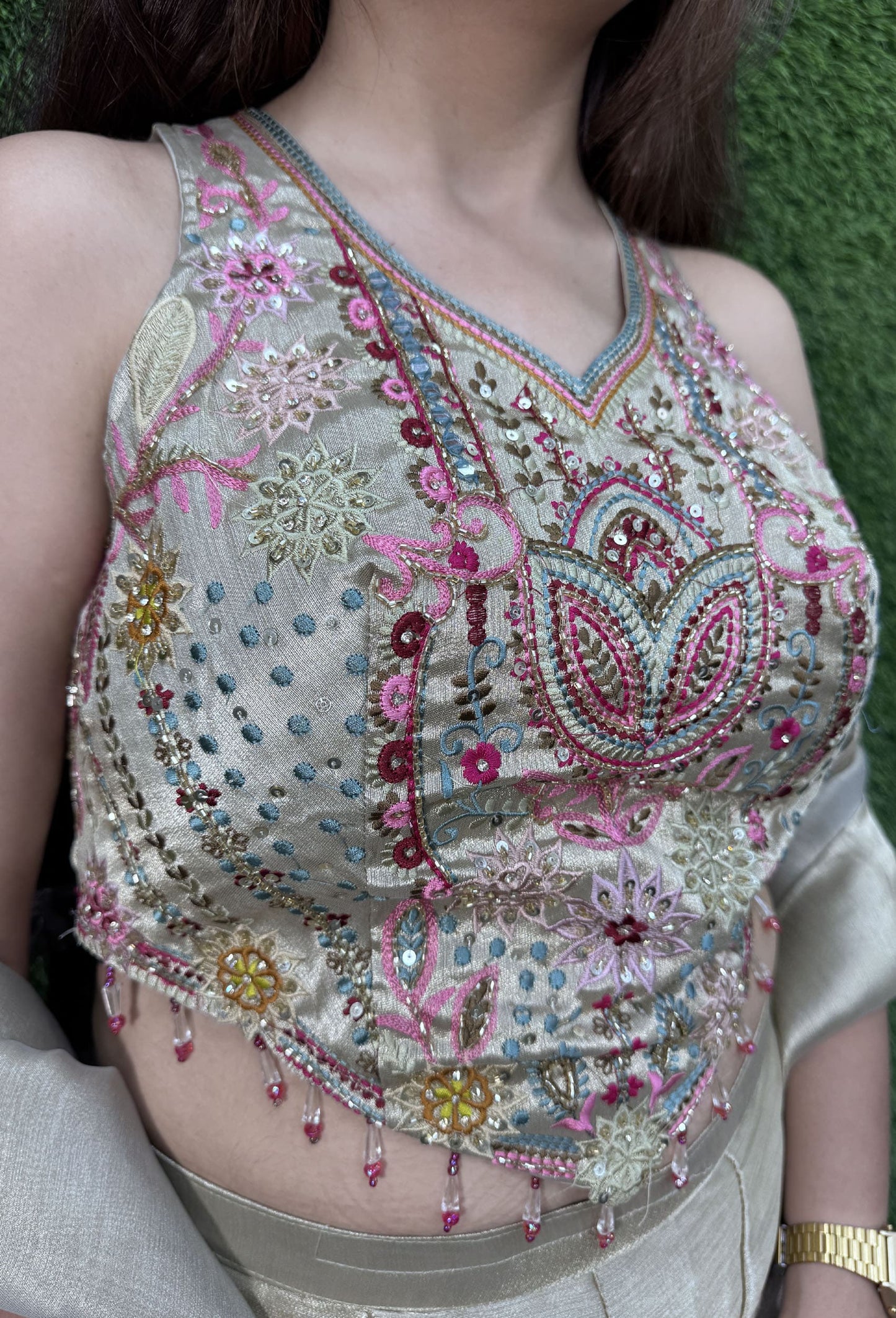 Embroidered Corset Crop Top Sharara with Tissue Silk Palazzo & Choker Dupatta
