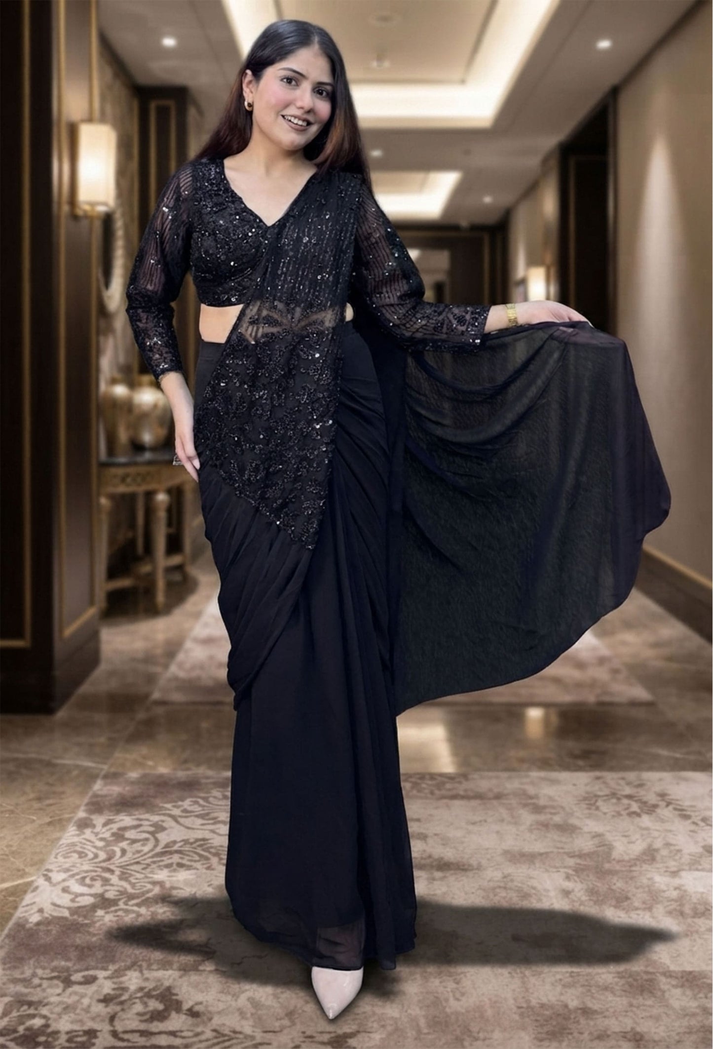 Designer Ready-to-Wear Georgette Drape Saree with Beadwork Full Sleeves Blouse