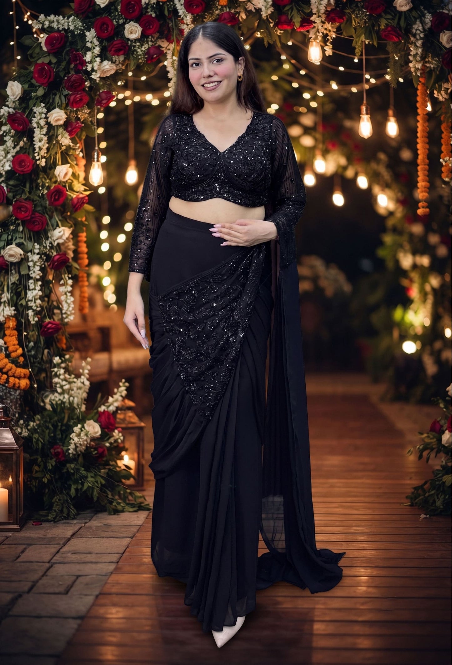 Designer Ready-to-Wear Georgette Drape Saree with Beadwork Full Sleeves Blouse