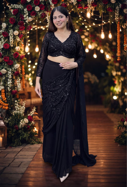 Designer Ready-to-Wear Georgette Drape Saree with Beadwork Full Sleeves Blouse