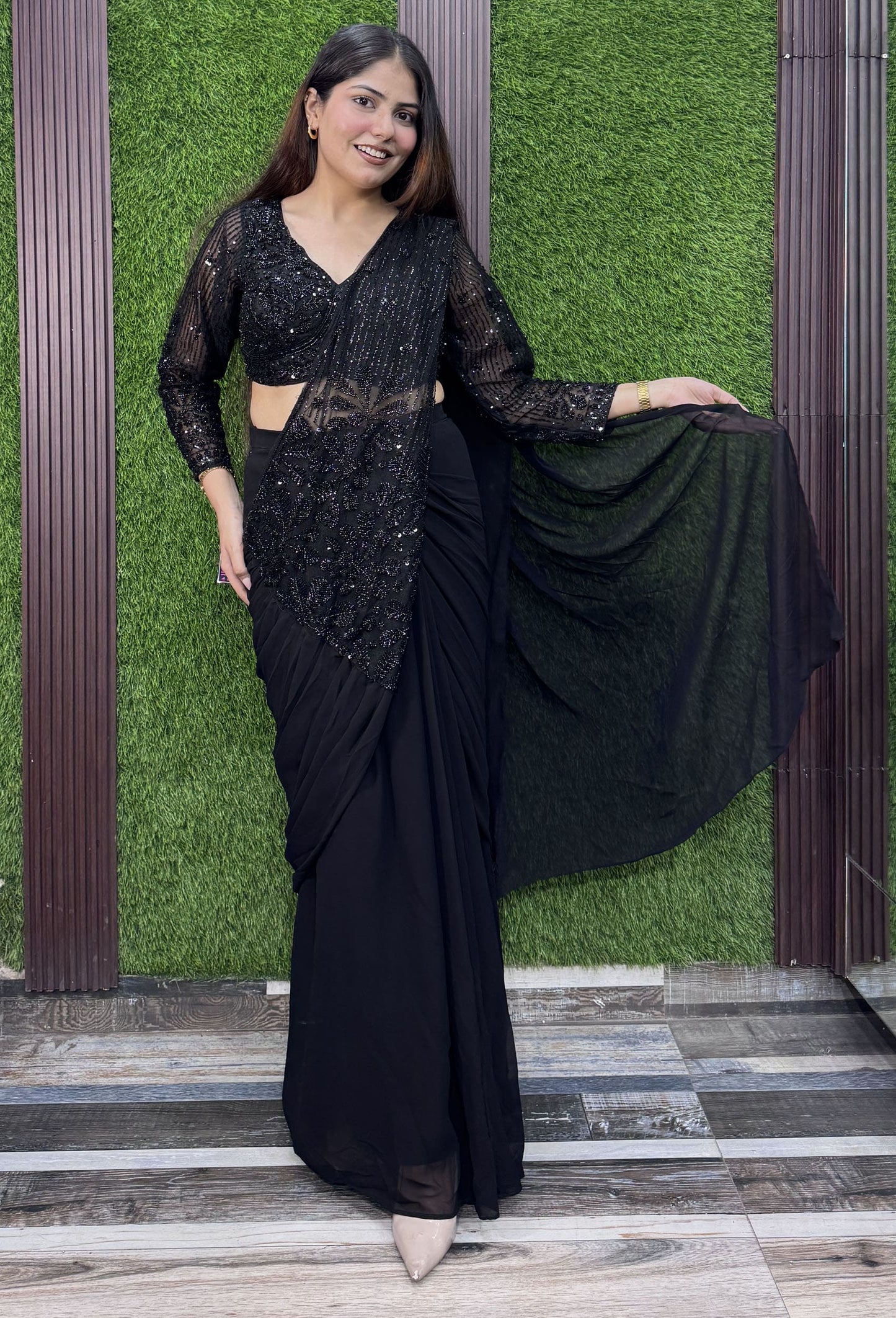 Designer Ready-to-Wear Georgette Drape Saree with Beadwork Full Sleeves Blouse