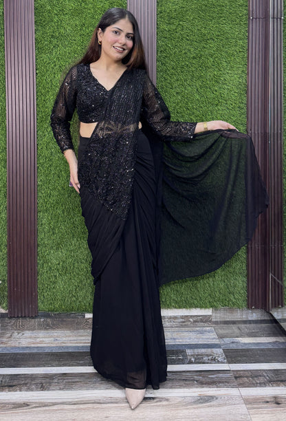 Designer Ready-to-Wear Georgette Drape Saree with Beadwork Full Sleeves Blouse