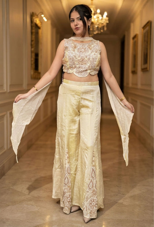 Off White Crush Chinnon Silk Crop Top Sharara Dress with Choker Dupatta