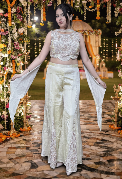 Off White Crush Chinnon Silk Crop Top Sharara Dress with Choker Dupatta
