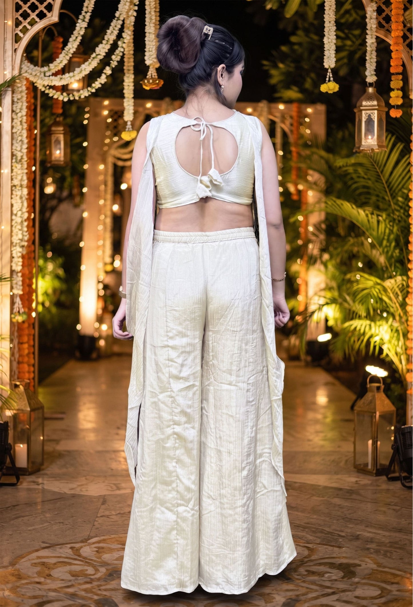 Off White Crush Chinnon Silk Crop Top Sharara Dress with Choker Dupatta