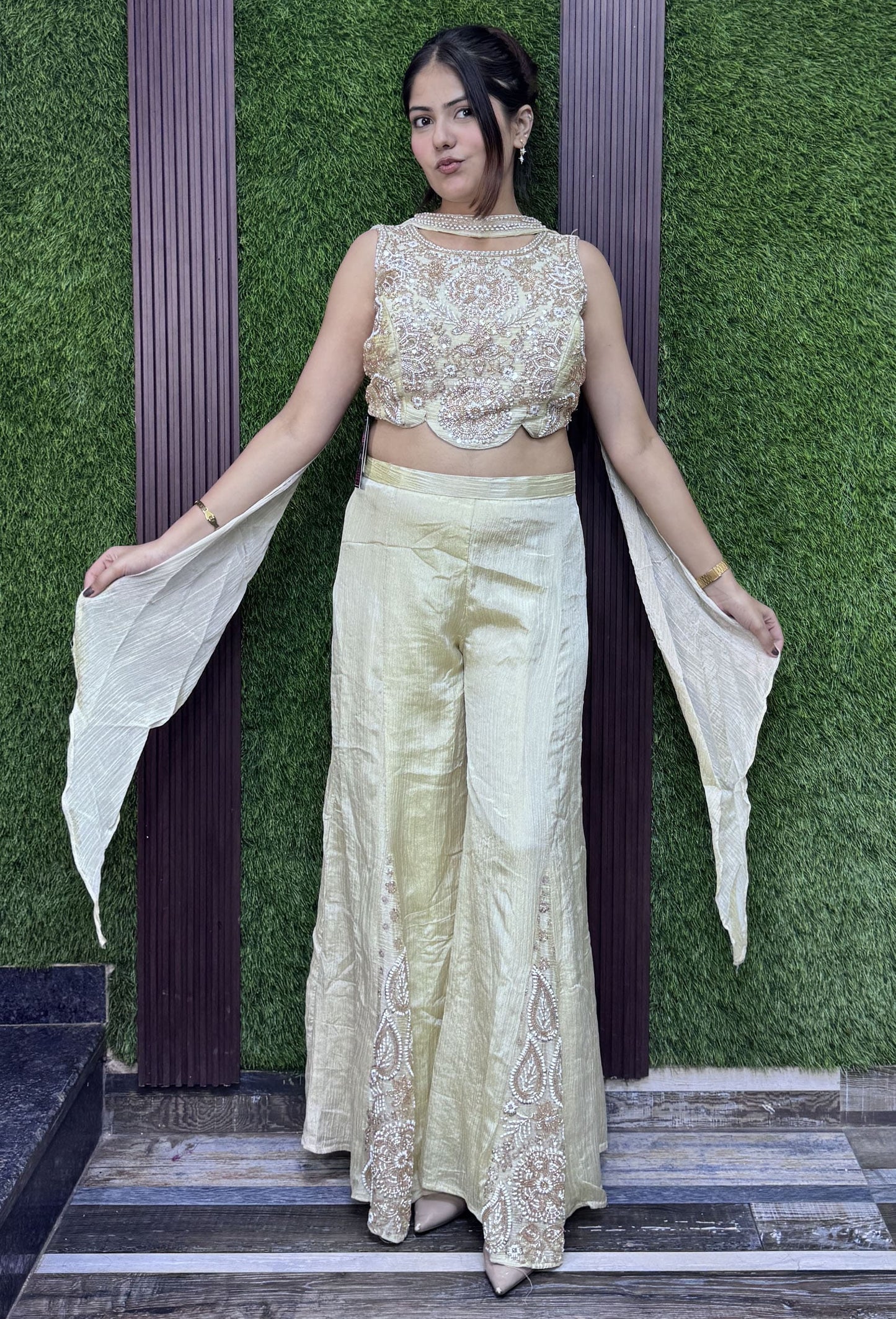Off White Crush Chinnon Silk Crop Top Sharara Dress with Choker Dupatta