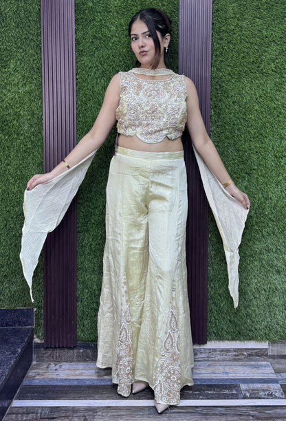 Off White Crush Chinnon Silk Crop Top Sharara Dress with Choker Dupatta
