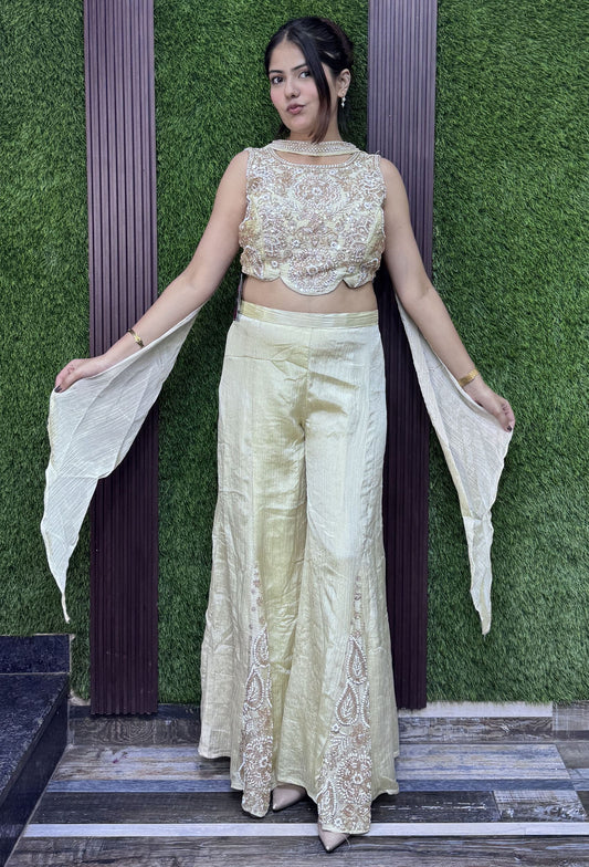 Off White Crush Chinnon Silk Crop Top Sharara Dress with Choker Dupatta