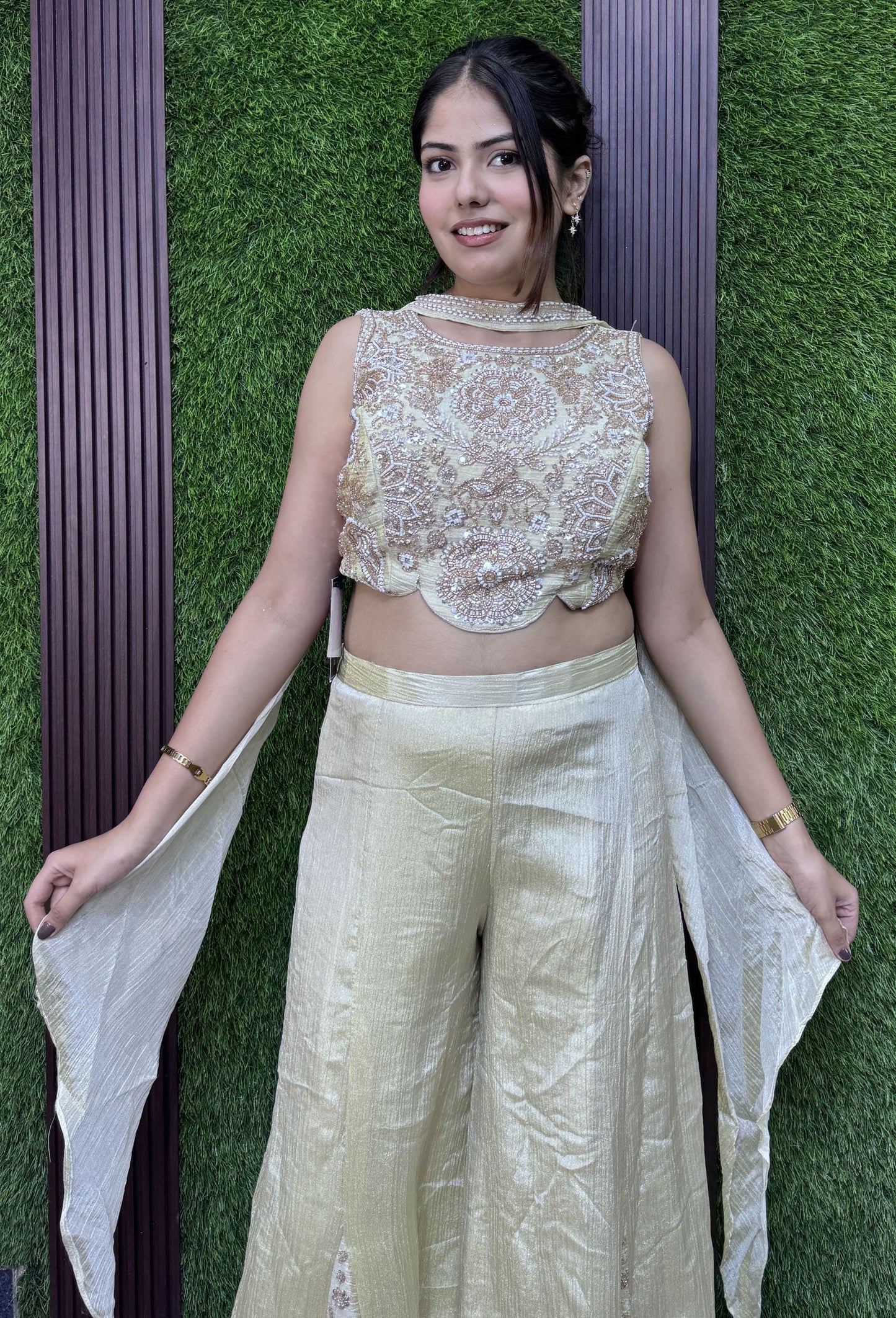 Off White Crush Chinnon Silk Crop Top Sharara Dress with Choker Dupatta