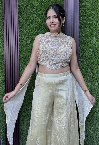 Off White Crush Chinnon Silk Crop Top Sharara Dress with Choker Dupatta