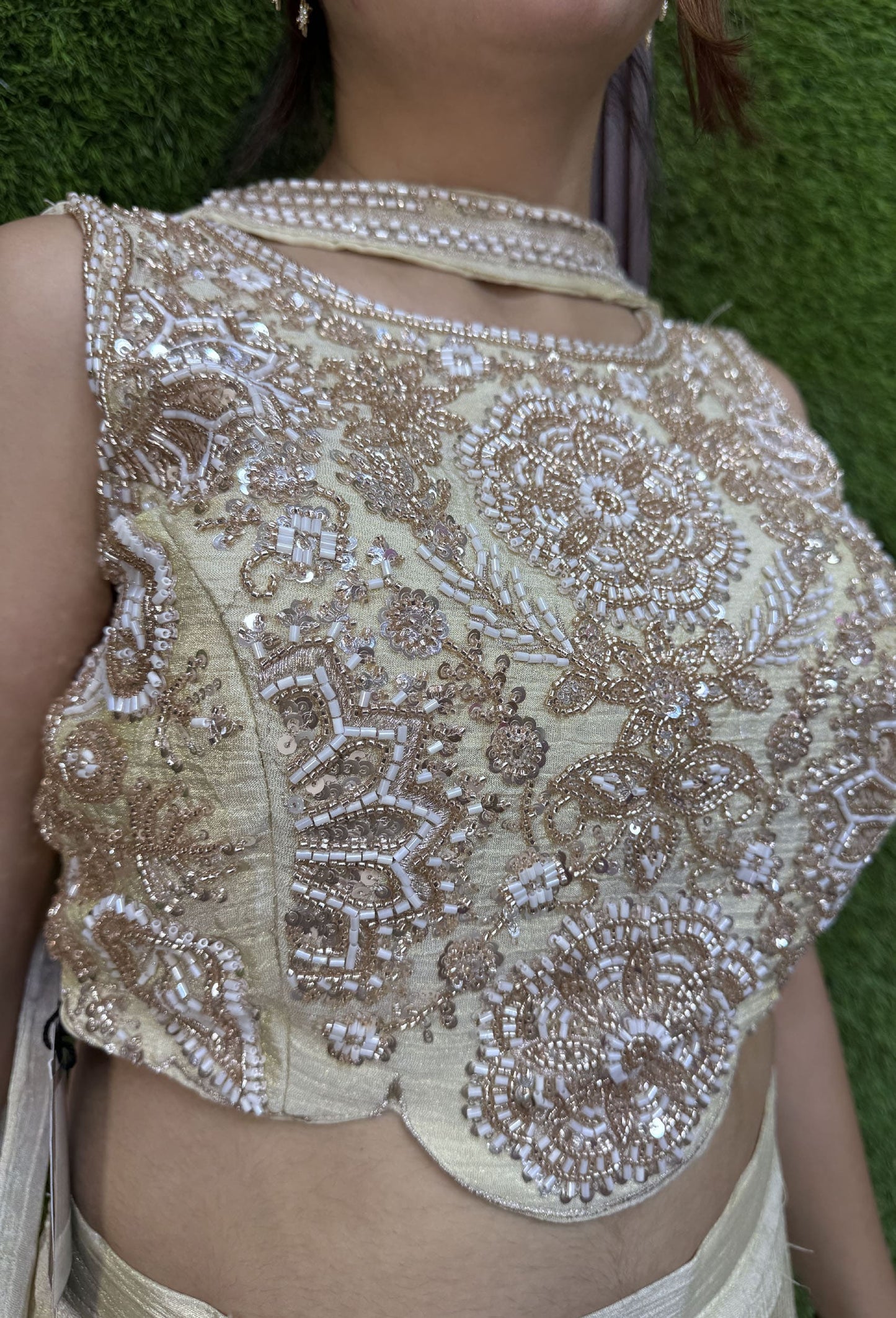Off White Crush Chinnon Silk Crop Top Sharara Dress with Choker Dupatta