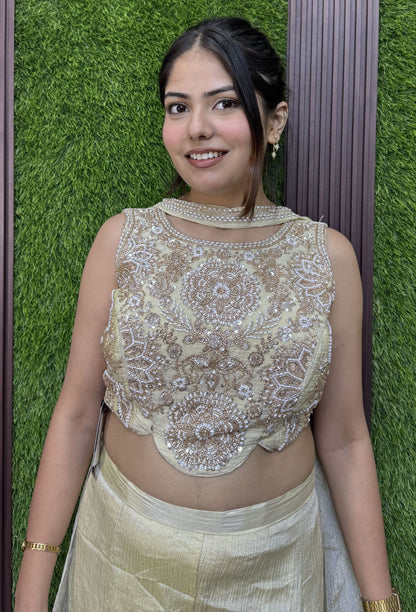 Off White Crush Chinnon Silk Crop Top Sharara Dress with Choker Dupatta