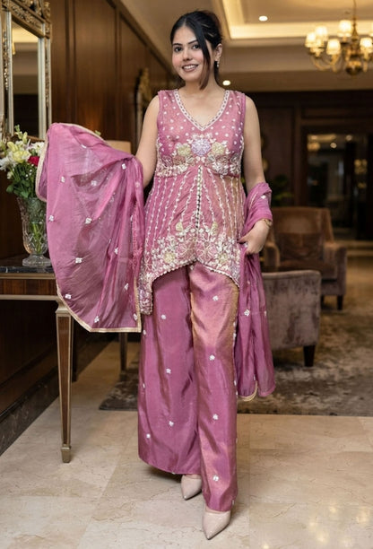 Asymmetrical Chinnon Silk Front Slit Plazo Suit Set with Embroidered Dupatta