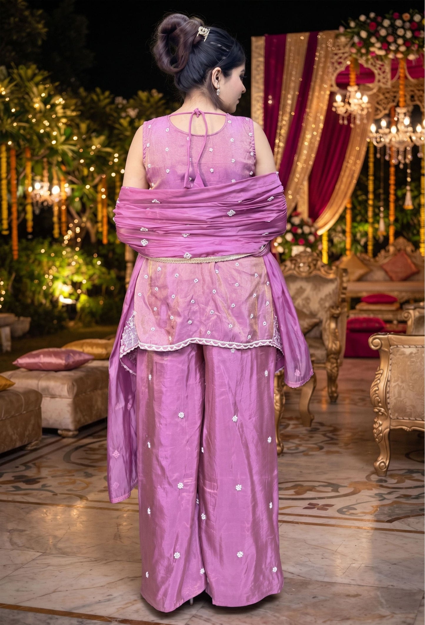 Asymmetrical Chinnon Silk Front Slit Plazo Suit Set with Embroidered Dupatta