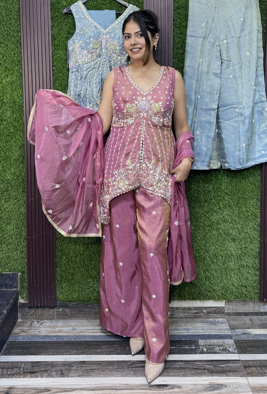 Asymmetrical Chinnon Silk Front Slit Plazo Suit Set with Embroidered Dupatta
