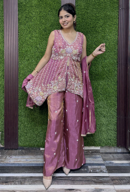 Asymmetrical Chinnon Silk Front Slit Plazo Suit Set with Embroidered Dupatta