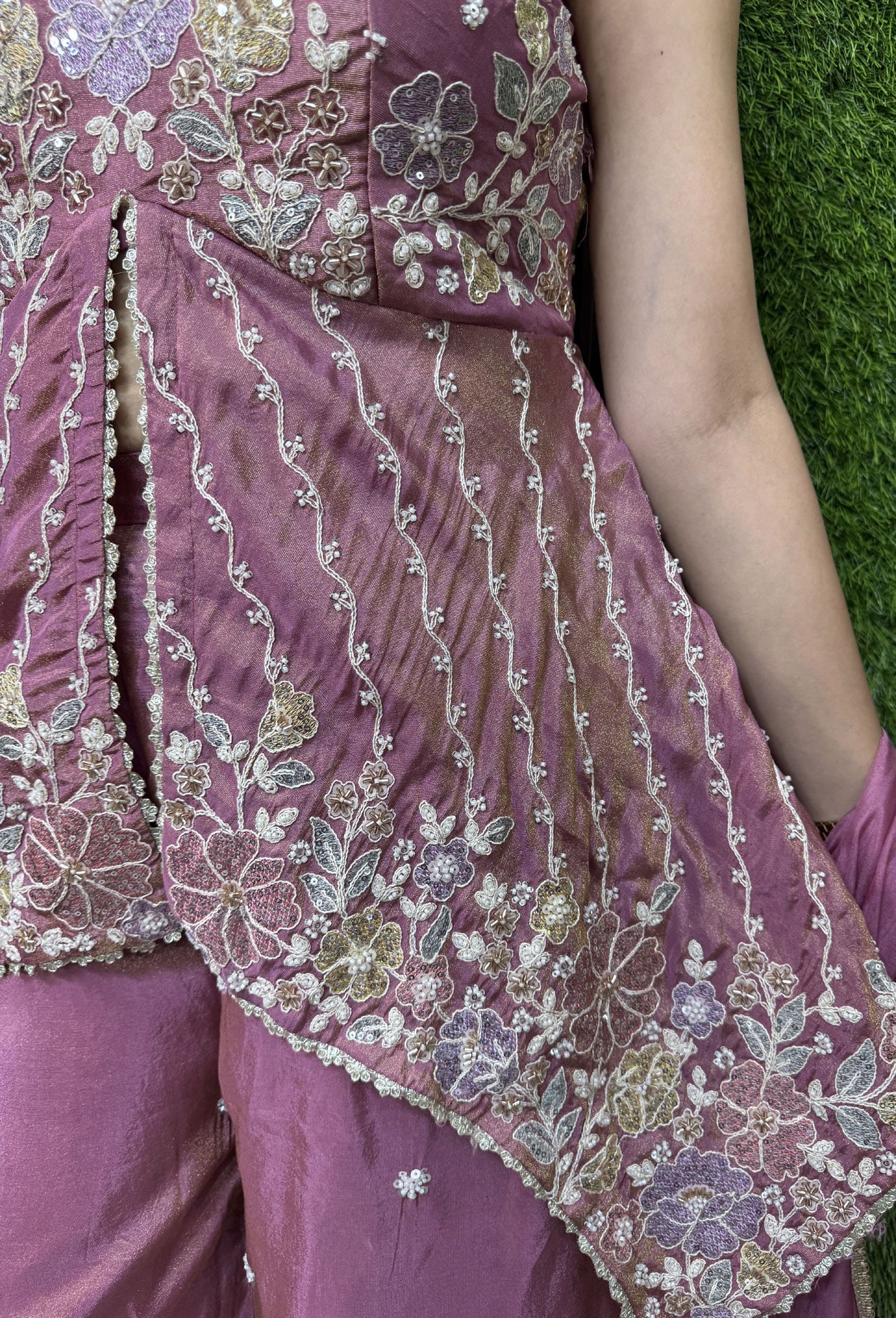 Asymmetrical Chinnon Silk Front Slit Plazo Suit Set with Embroidered Dupatta