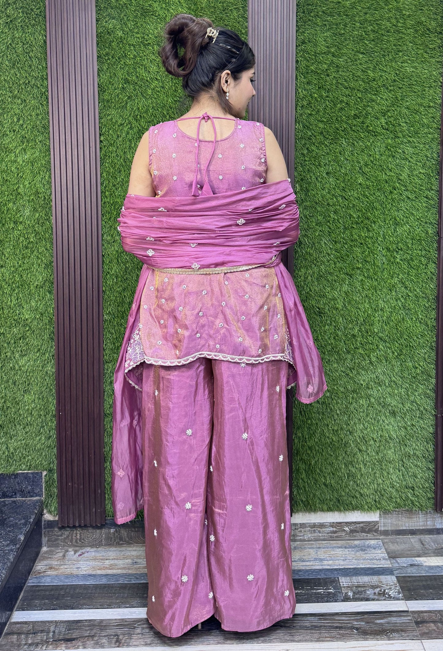 Asymmetrical Chinnon Silk Front Slit Plazo Suit Set with Embroidered Dupatta