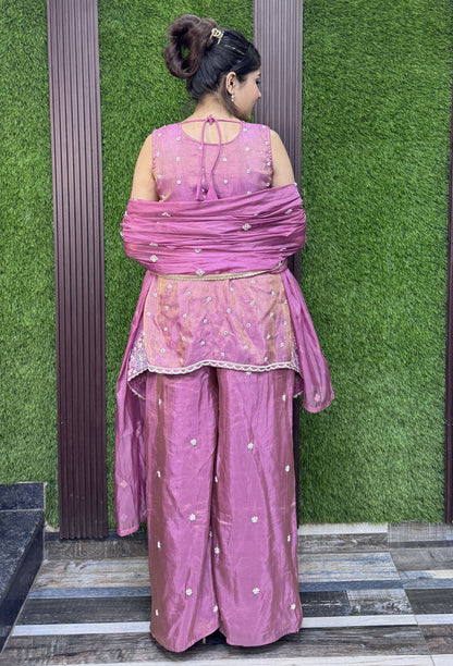 Asymmetrical Chinnon Silk Front Slit Plazo Suit Set with Embroidered Dupatta