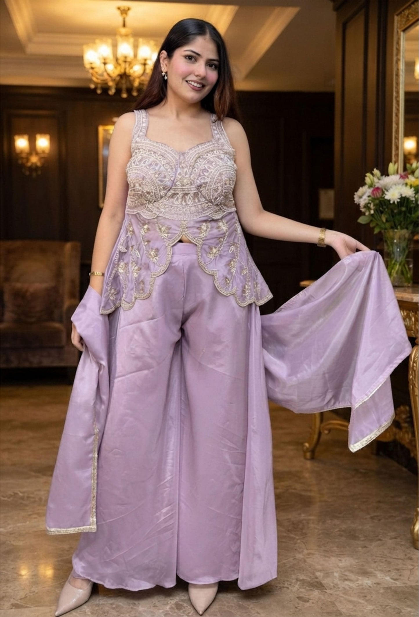Spaghetti Style Designer Silk Peplum Plazo Suit with Beaded Top & Four Sided Border Dupatta