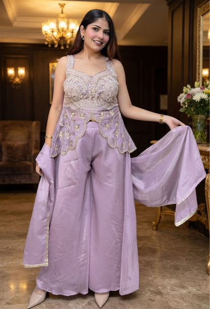 Spaghetti Style Designer Silk Peplum Plazo Suit with Beaded Top & Four Sided Border Dupatta