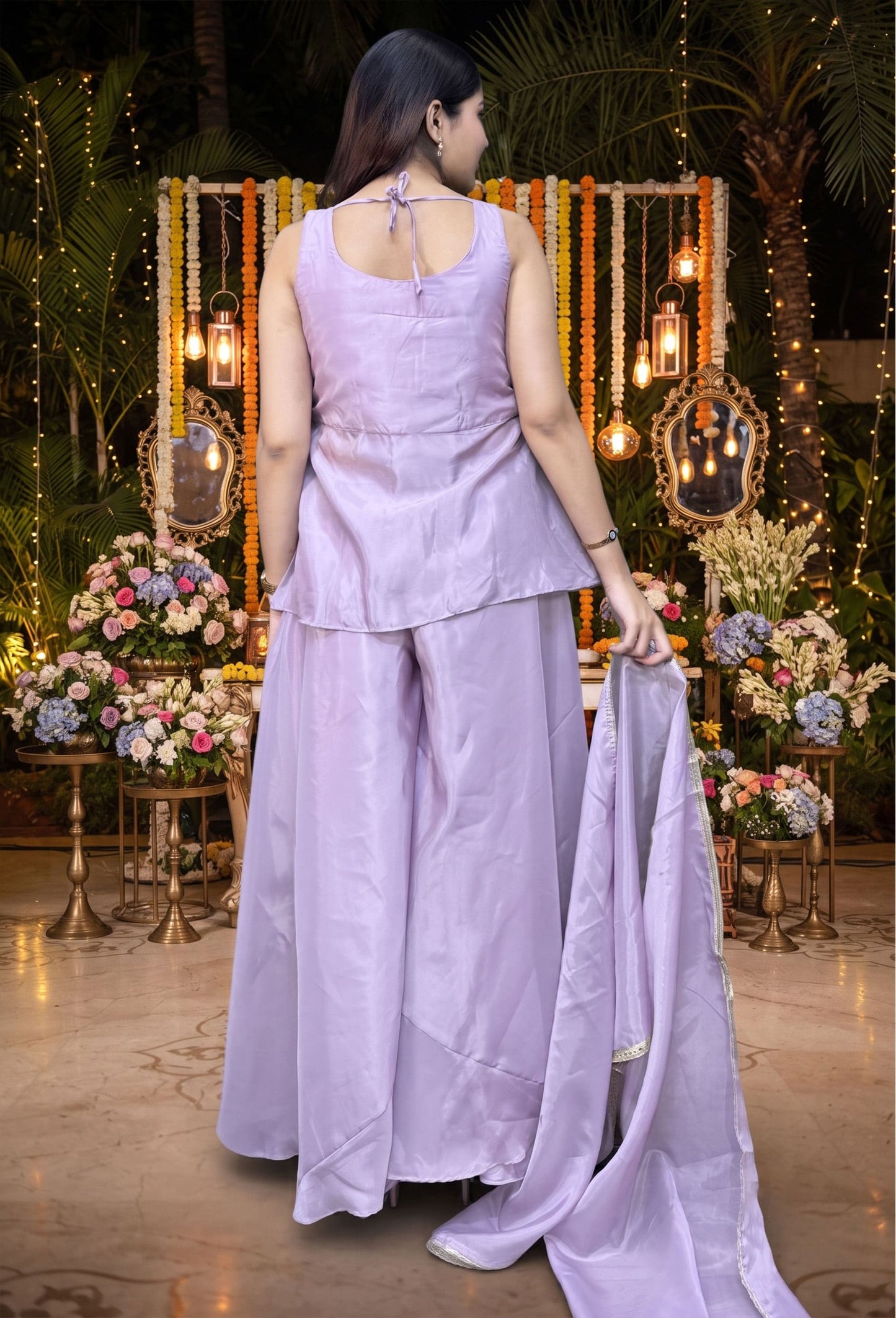 Spaghetti Style Designer Silk Peplum Plazo Suit with Beaded Top & Four Sided Border Dupatta