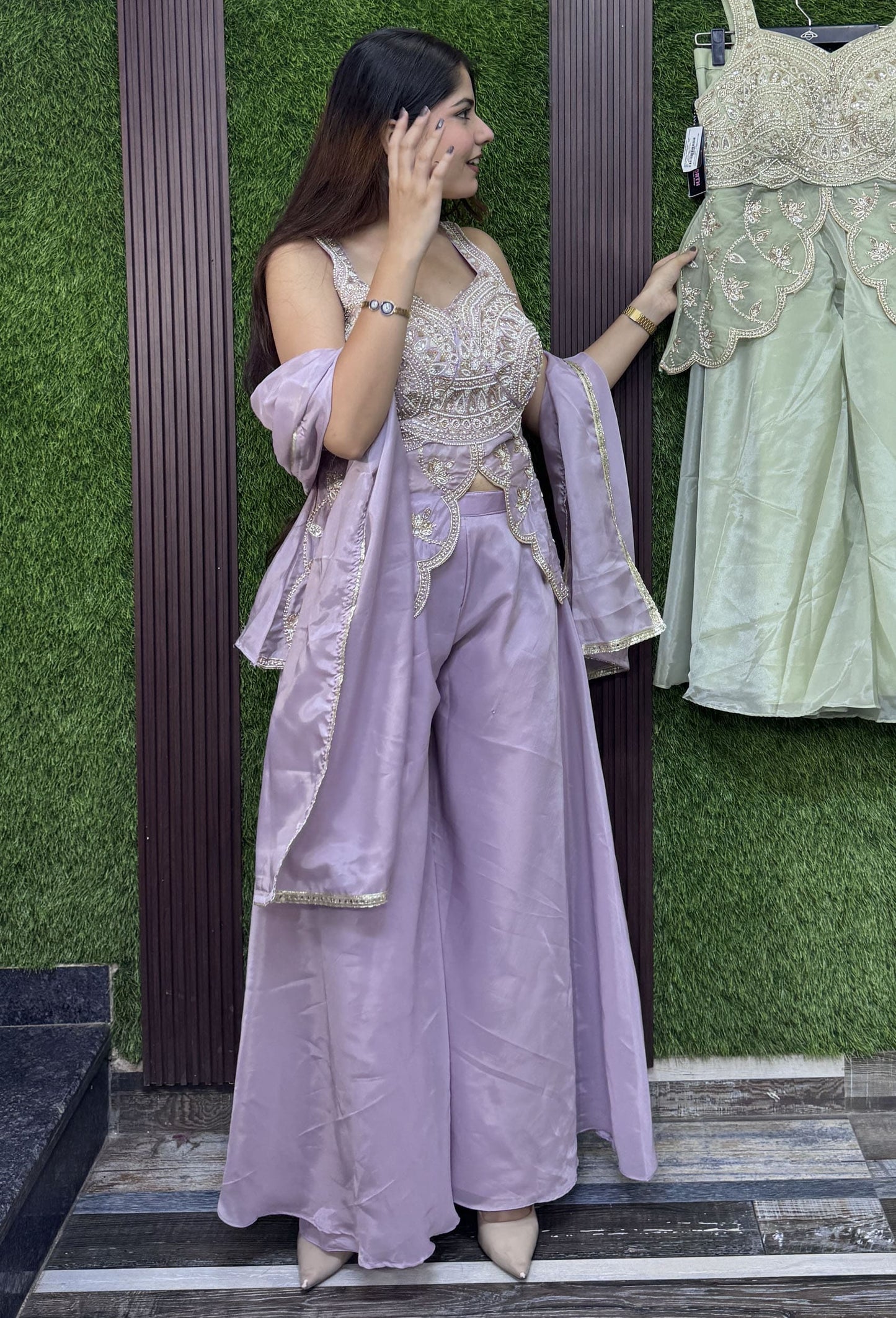 Spaghetti Style Designer Silk Peplum Plazo Suit with Beaded Top & Four Sided Border Dupatta