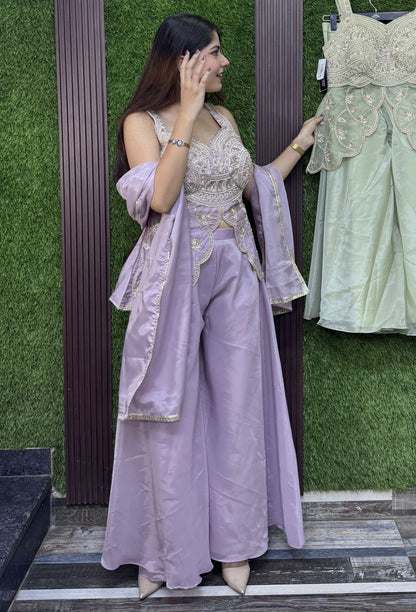 Spaghetti Style Designer Silk Peplum Plazo Suit with Beaded Top & Four Sided Border Dupatta