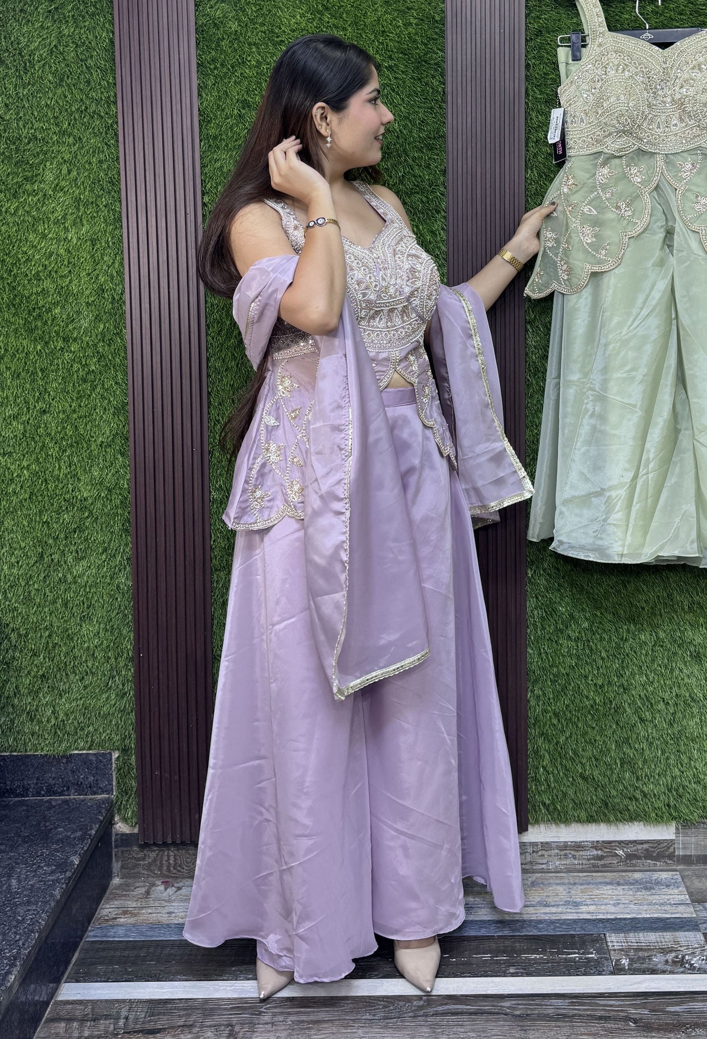 Spaghetti Style Designer Silk Peplum Plazo Suit with Beaded Top & Four Sided Border Dupatta