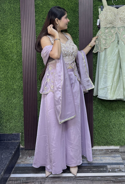 Spaghetti Style Designer Silk Peplum Plazo Suit with Beaded Top & Four Sided Border Dupatta