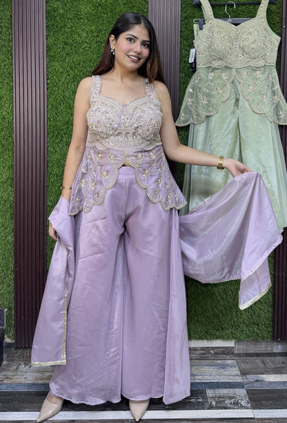 Spaghetti Style Designer Silk Peplum Plazo Suit with Beaded Top & Four Sided Border Dupatta