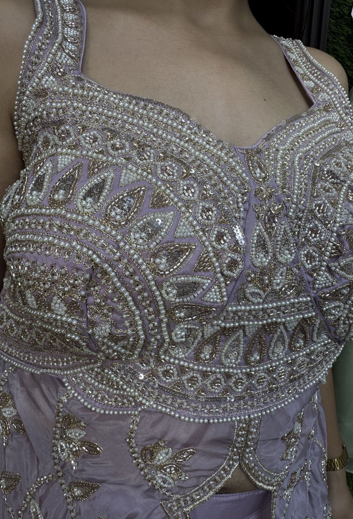 Spaghetti Style Designer Silk Peplum Plazo Suit with Beaded Top & Four Sided Border Dupatta