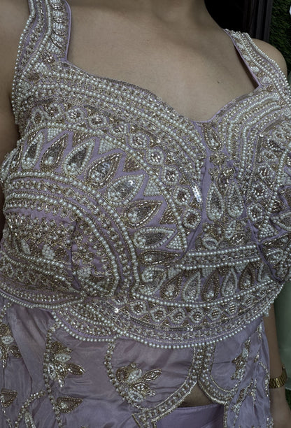 Spaghetti Style Designer Silk Peplum Plazo Suit with Beaded Top & Four Sided Border Dupatta