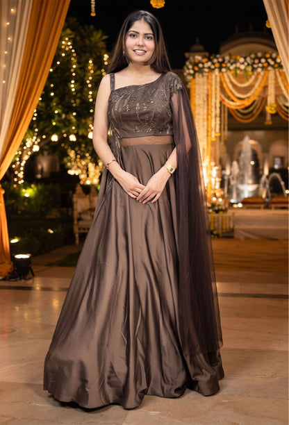Full Flared Designer Anarkali Dress with Falling Connected Dupatta on One Side Shoulder
