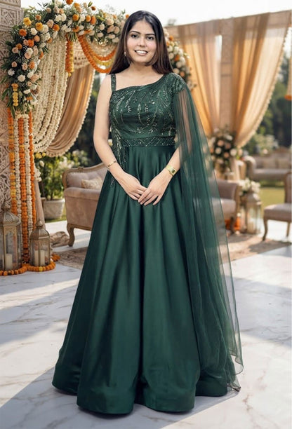Full Flared Designer Anarkali Dress with Falling Connected Dupatta on One Side Shoulder